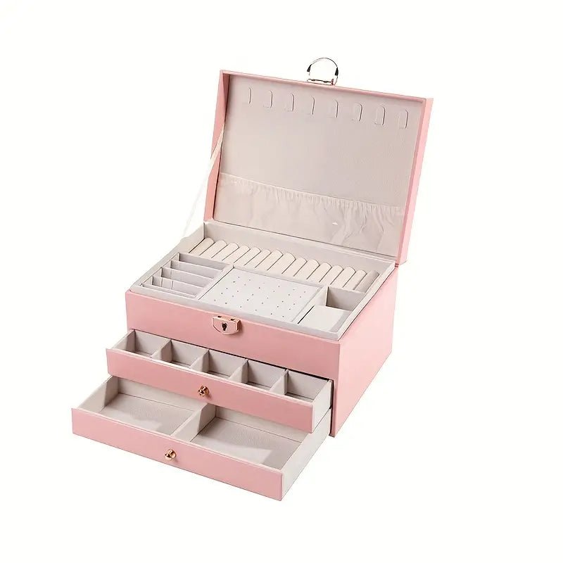 Large Pink Jewelry Organizer Box - Elegant Multi-Layer Storage
