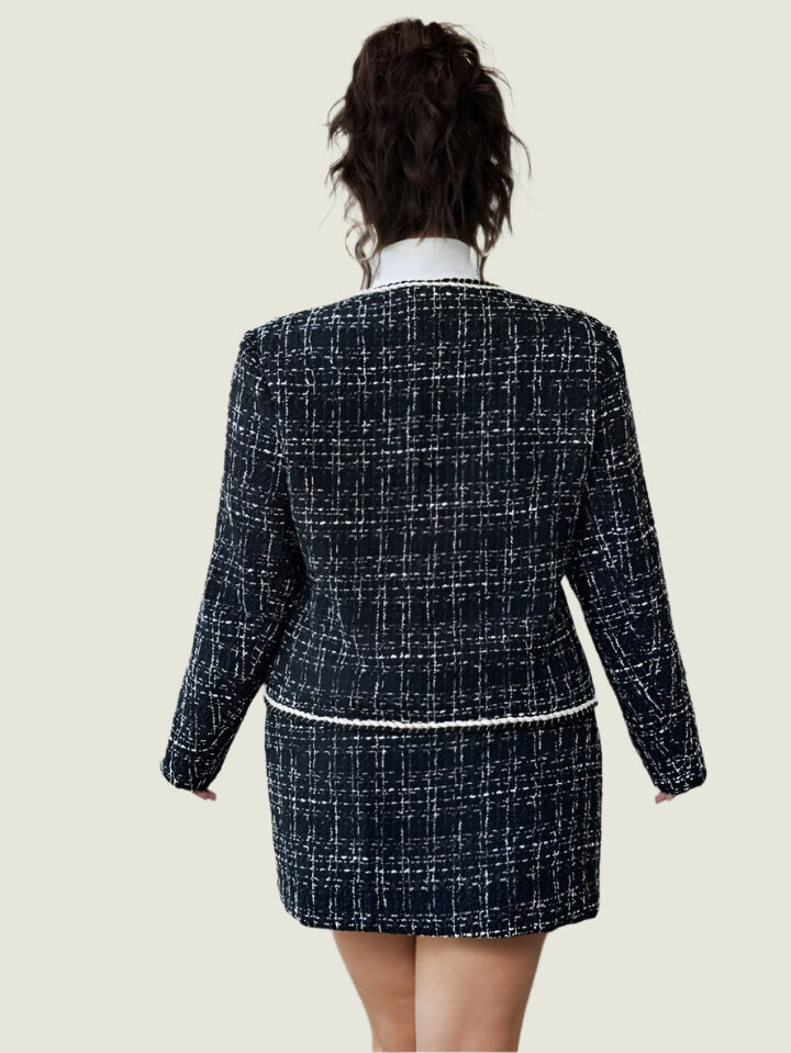 Elegant Pearl Trim Tweed Skirt Suit Set – 2-Piece Jacket and Skirt