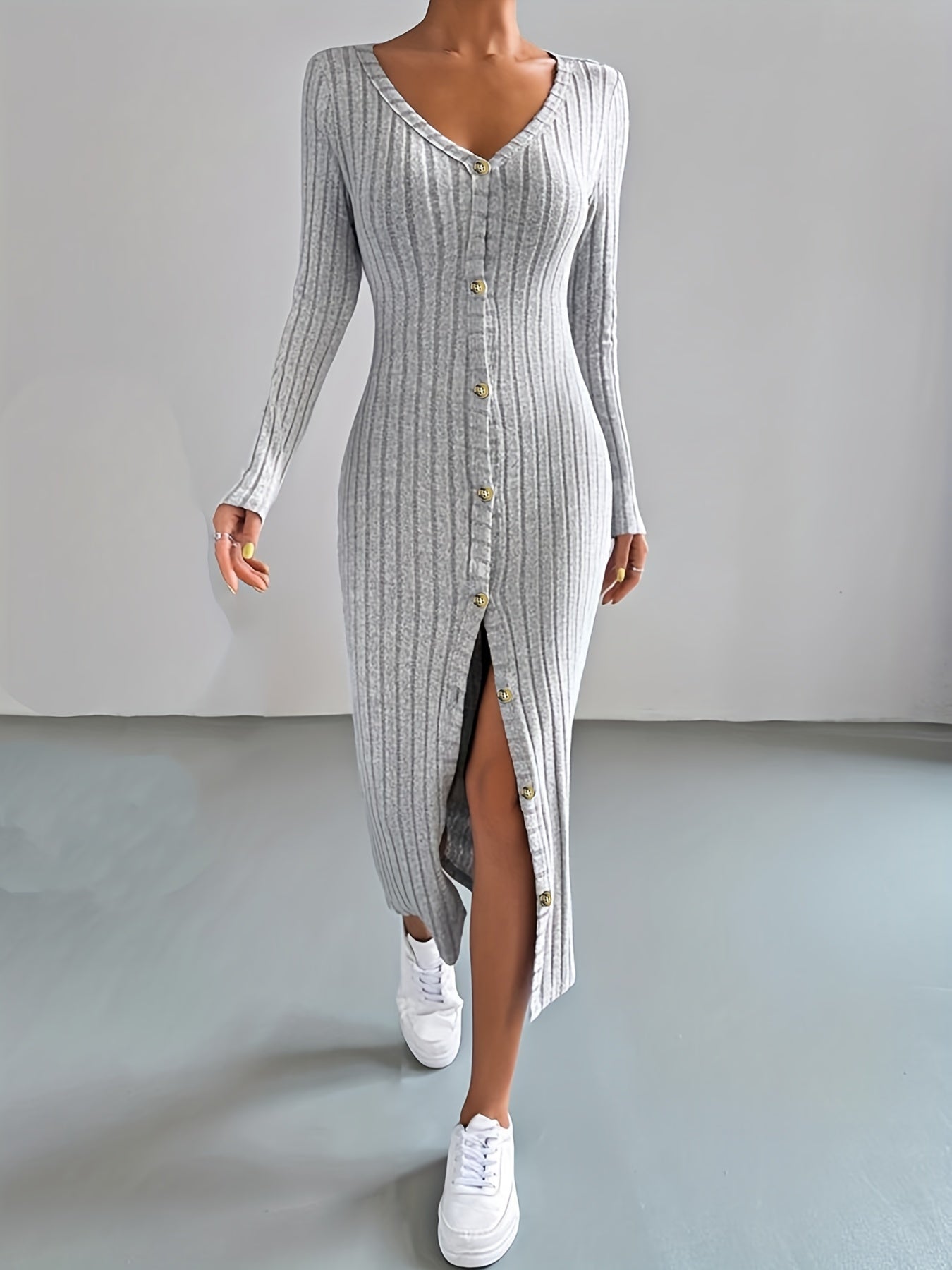 Ribbed Bodycon Button-Down Dress – Long Sleeve Knit Dress