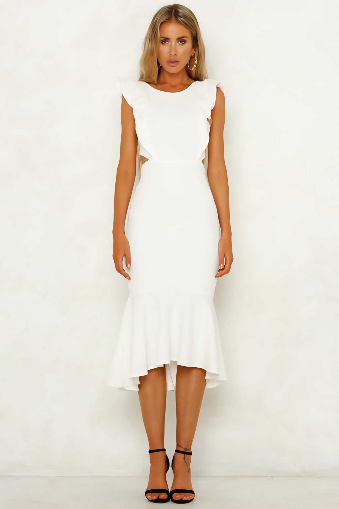 Ruffle Sleeve Mermaid Midi Dress – Elegant Bodycon Fit