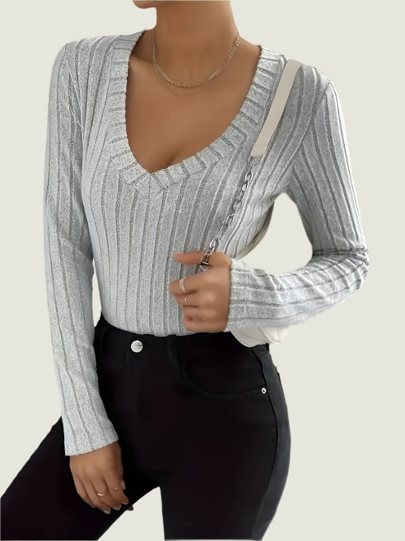 Fitted Ribbed V-Neck Top – Stretch Long Sleeve Knit