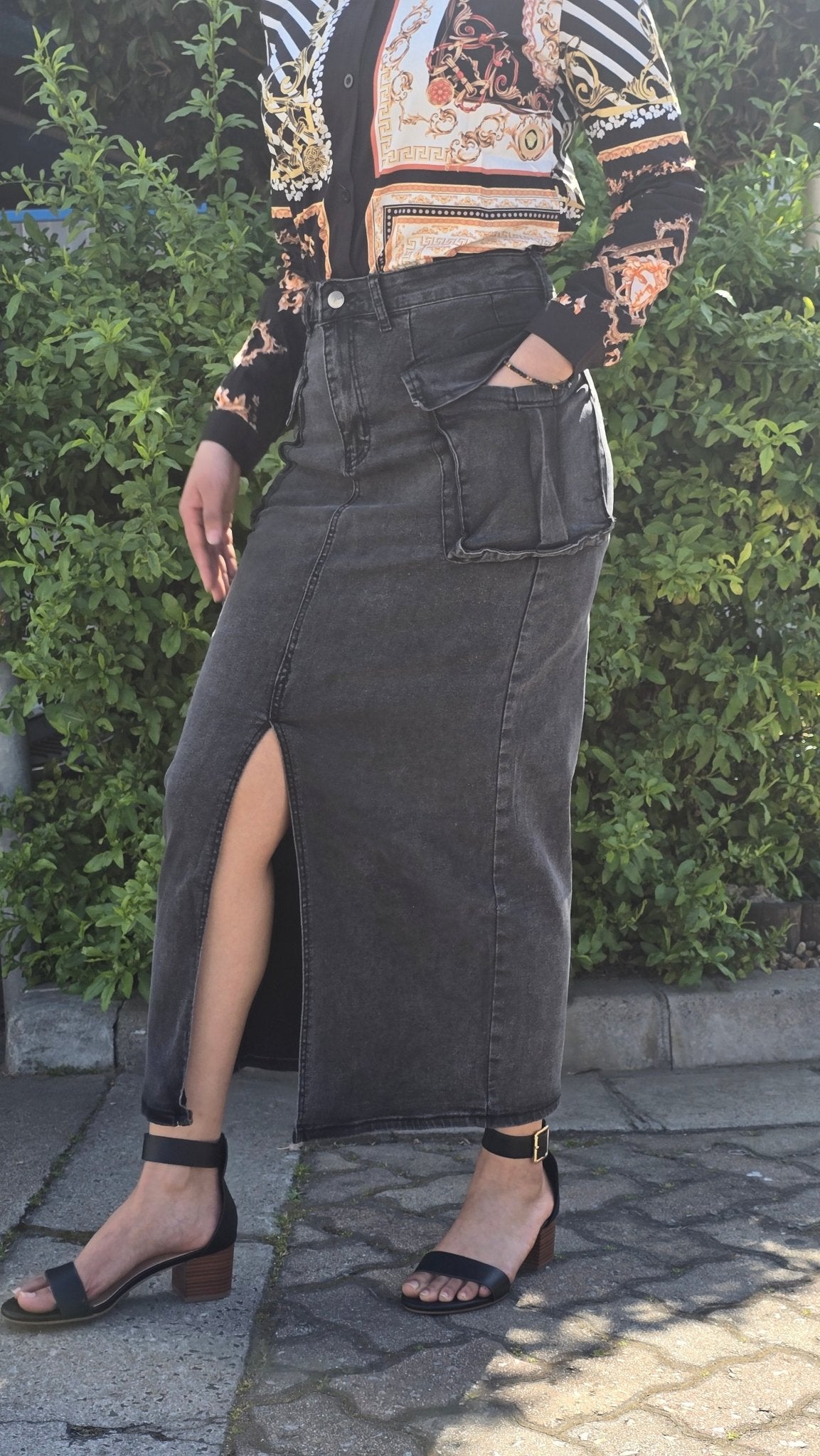 Grey High-Waist Denim Skirt with Cargo Pockets DYQ-349