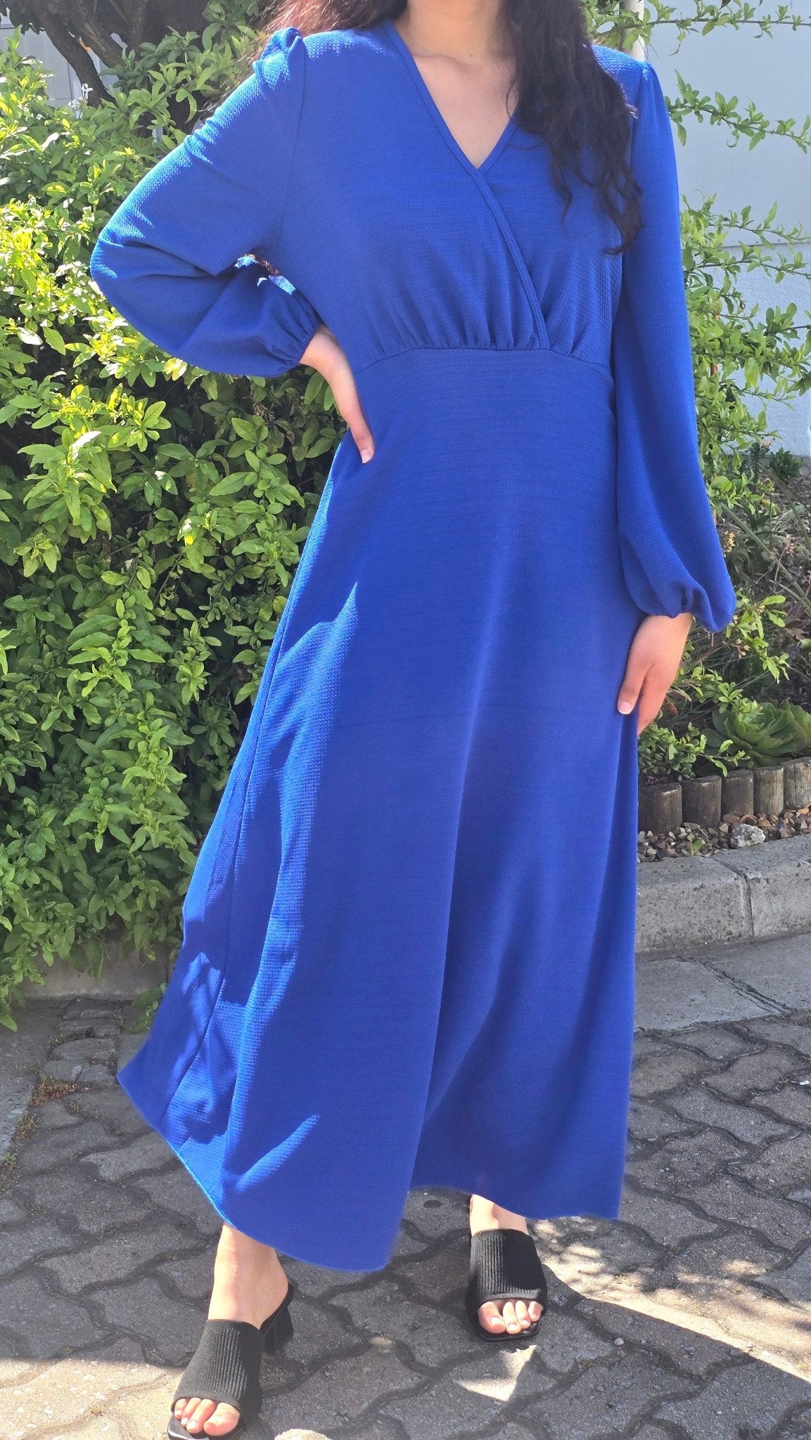 Puff Sleeve V Neck Maxi Dress Without Belt
