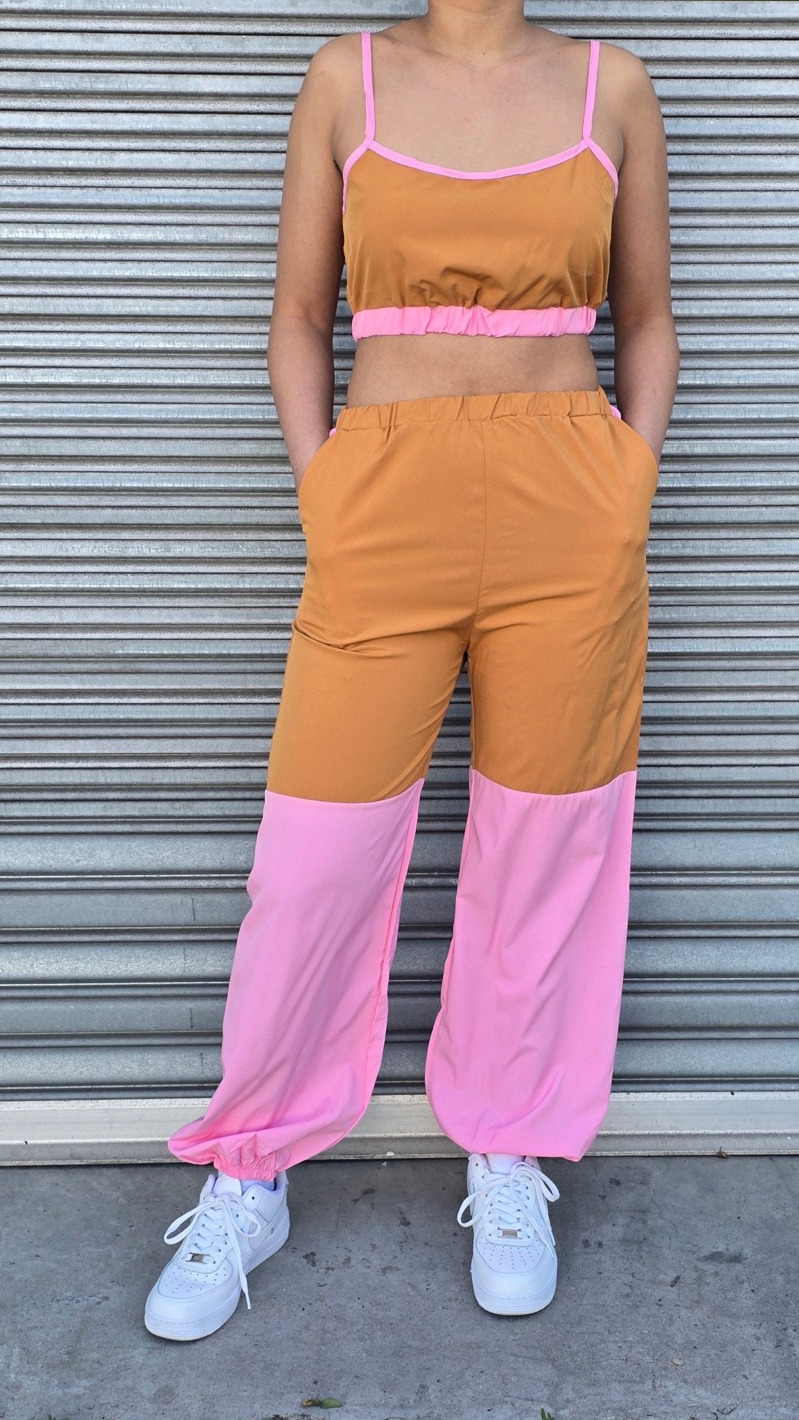 Color Block Patchwork Spaghetti Strap Sport Casual Outfits 2pcs