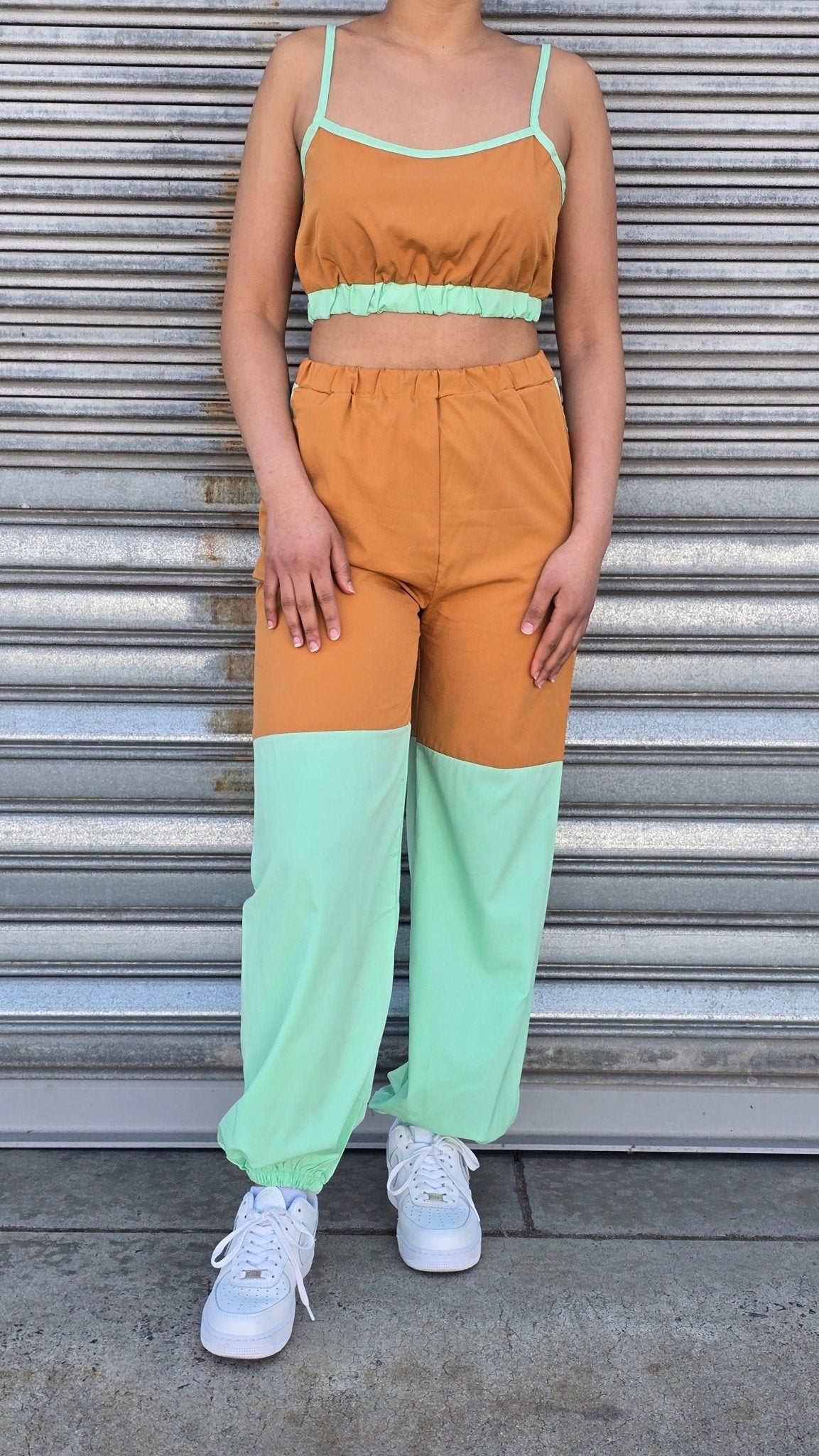 Color Block Patchwork Spaghetti Strap Sport Casual Outfits 2pcs