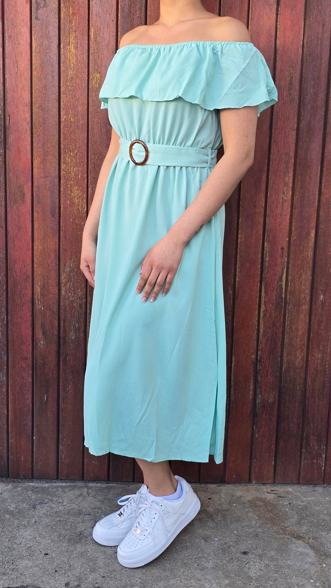 Off shoulder with belt midi dress