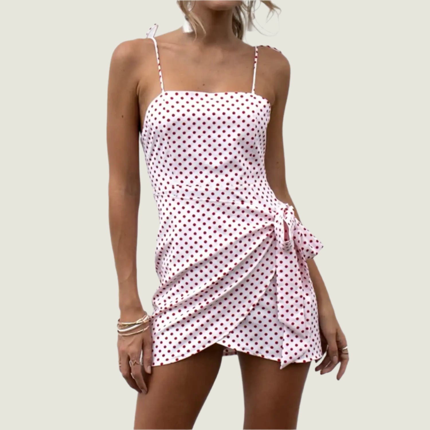 Red Polkadot Asymmetrical Wrap Skirt Dress