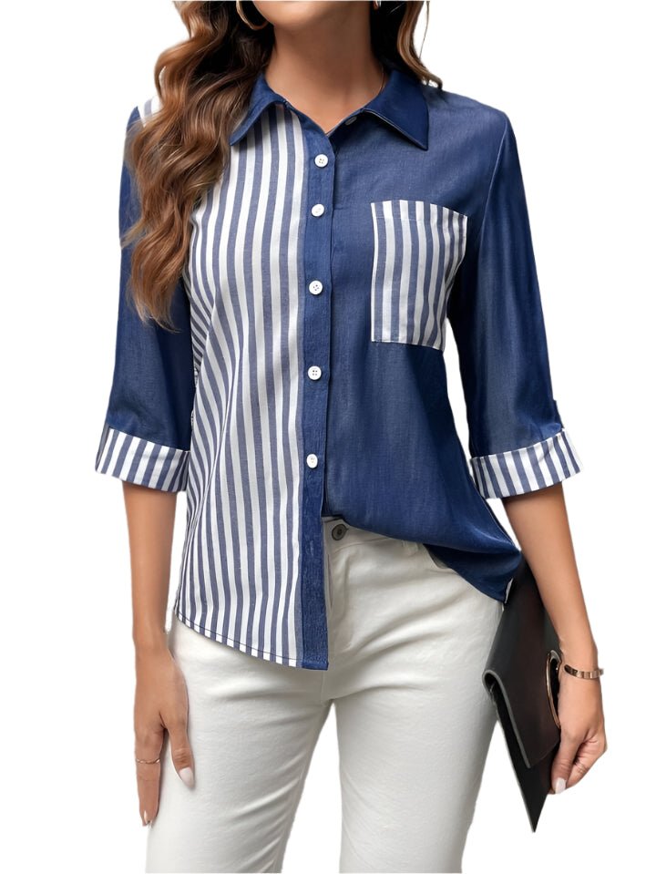 Chic Contrast Navy & Striped Button-Up Shirt – Effortless Style & Elegance