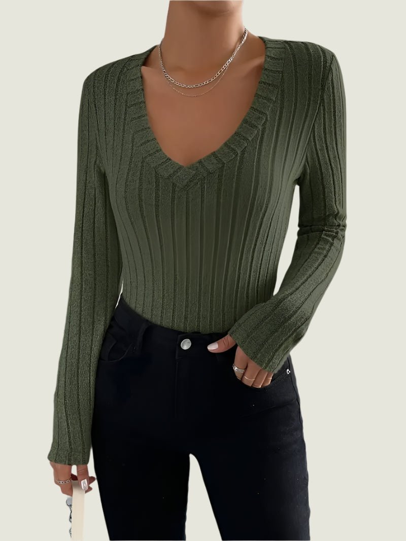 Fitted Ribbed V-Neck Top – Stretch Long Sleeve Knit