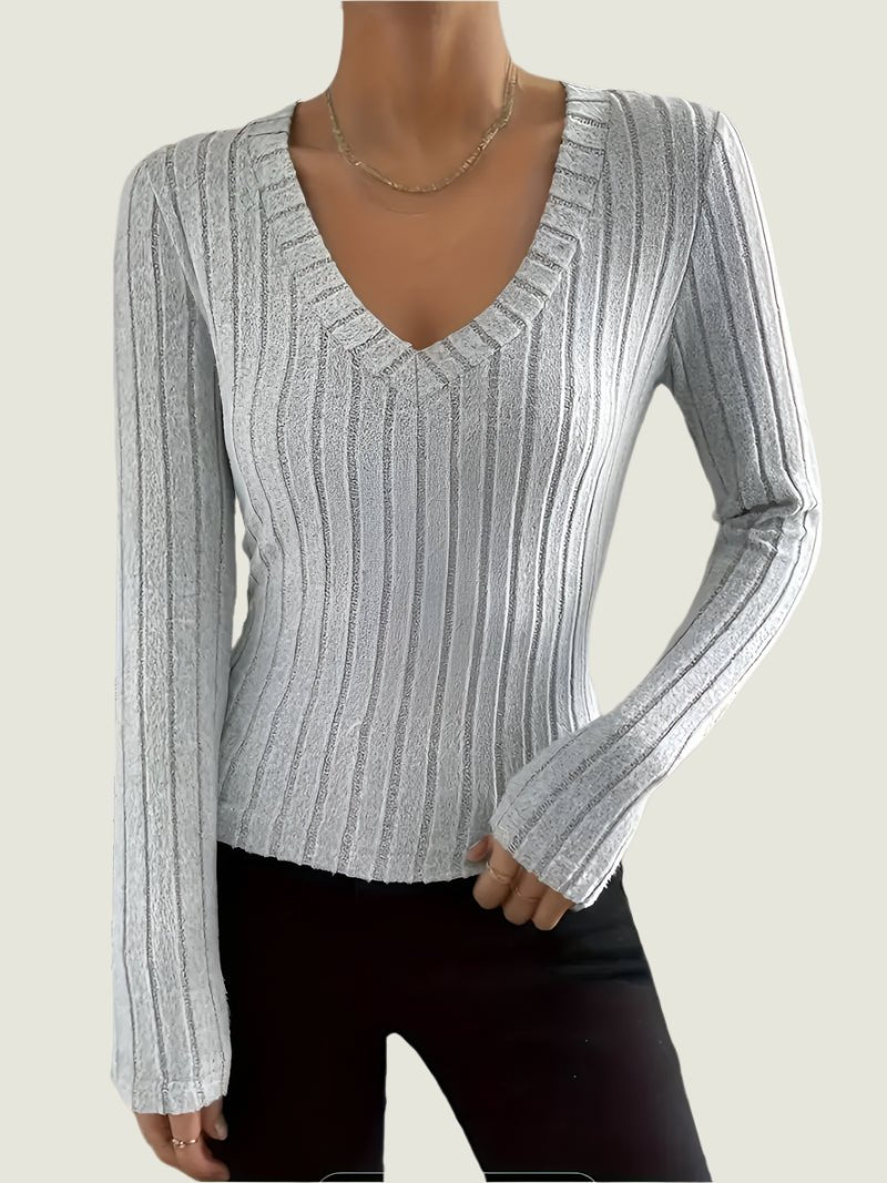 Fitted Ribbed V-Neck Top – Stretch Long Sleeve Knit