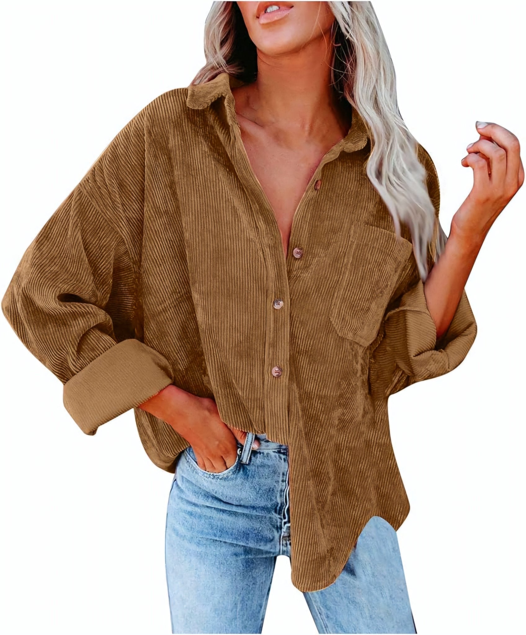 Corduroy Button-Up Shirt – Soft Textured Oversized Fit