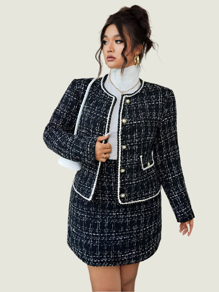 Elegant Pearl Trim Tweed Skirt Suit Set – 2-Piece Jacket and Skirt