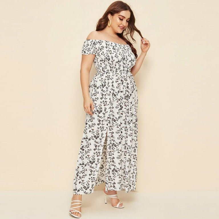 Off Shoulder Bodice Double Slit Ditsy Floral Dress