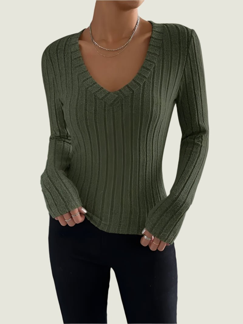 Fitted Ribbed V-Neck Top – Stretch Long Sleeve Knit