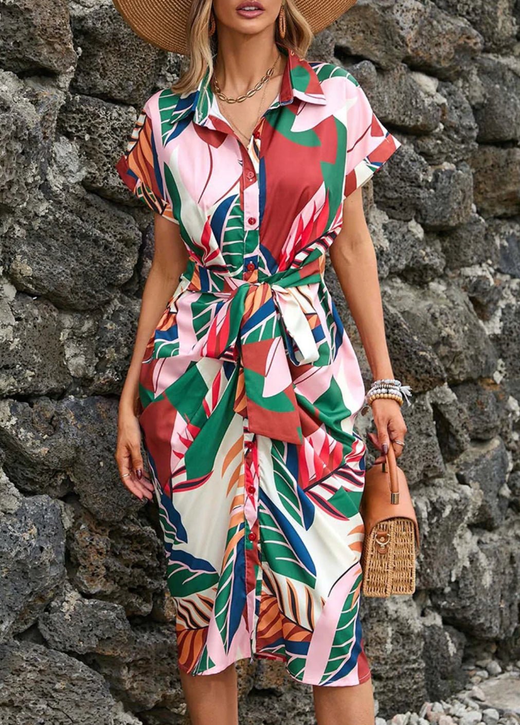 Attached Belted Patterned Dress XD21