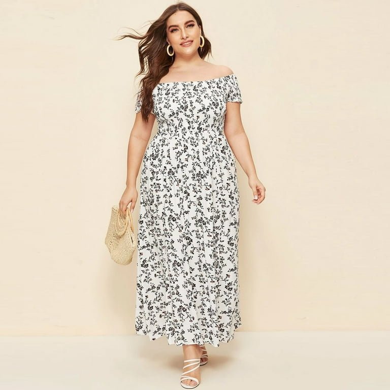 Off Shoulder Bodice Double Slit Ditsy Floral Dress