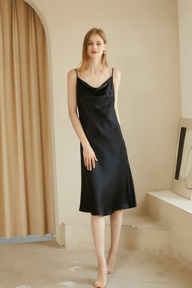 Cowl Neck Slip Midi Silky Dress With Adjustable Straps