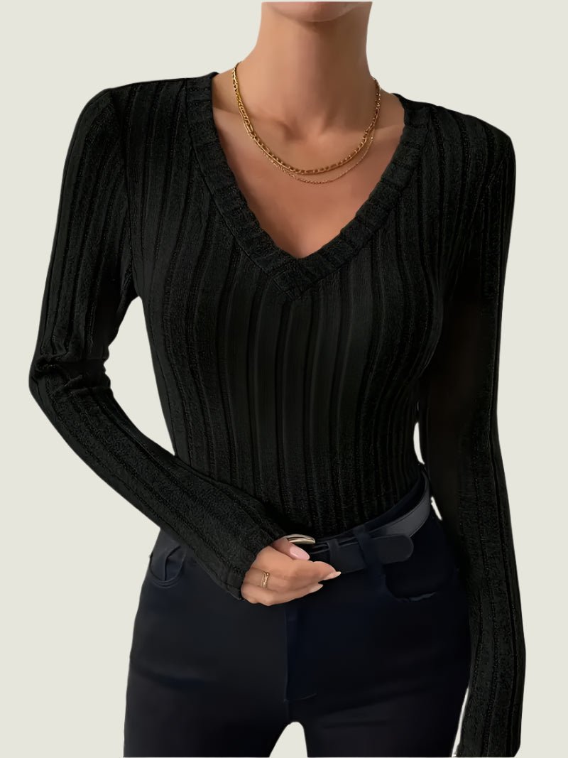 Fitted Ribbed V-Neck Top – Stretch Long Sleeve Knit