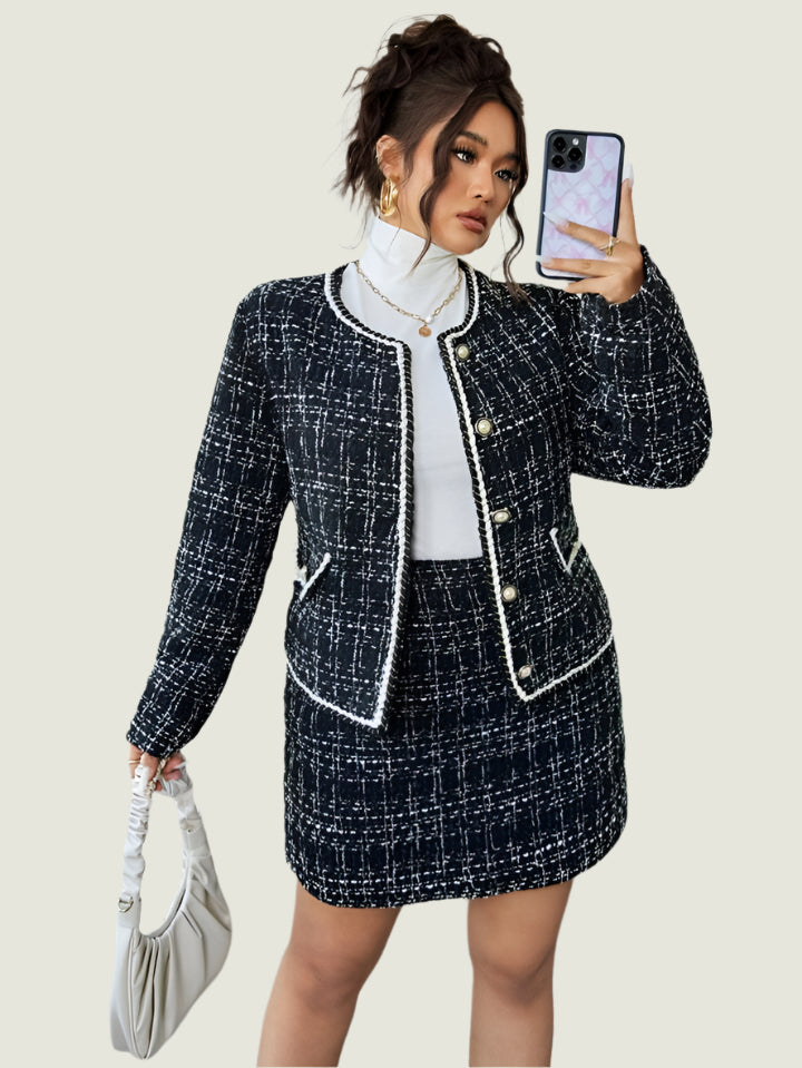 Elegant Pearl Trim Tweed Skirt Suit Set – 2-Piece Jacket and Skirt