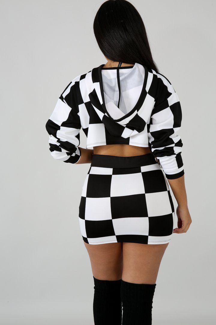 Checker 2pc Mini Skirt and Hooded Crop Top Set XD21