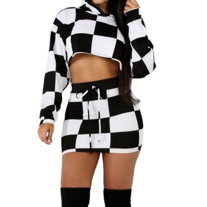 Checker 2pc Mini Skirt and Hooded Crop Top Set XD21