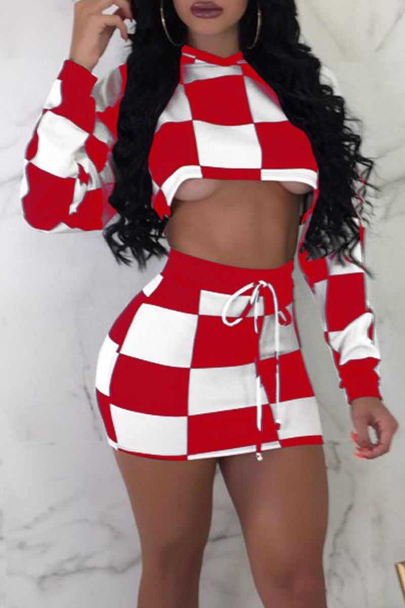 Checker 2pc Mini Skirt and Hooded Crop Top Set XD21