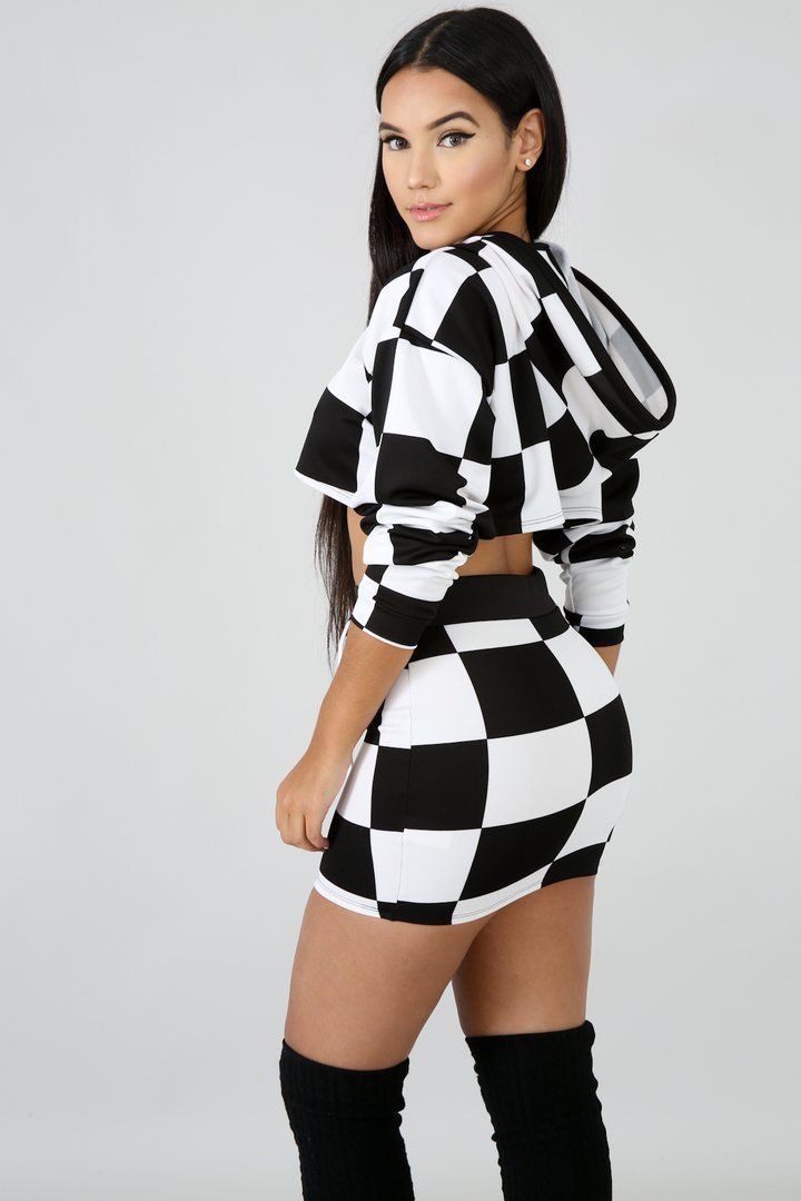Checker 2pc Mini Skirt and Hooded Crop Top Set XD21