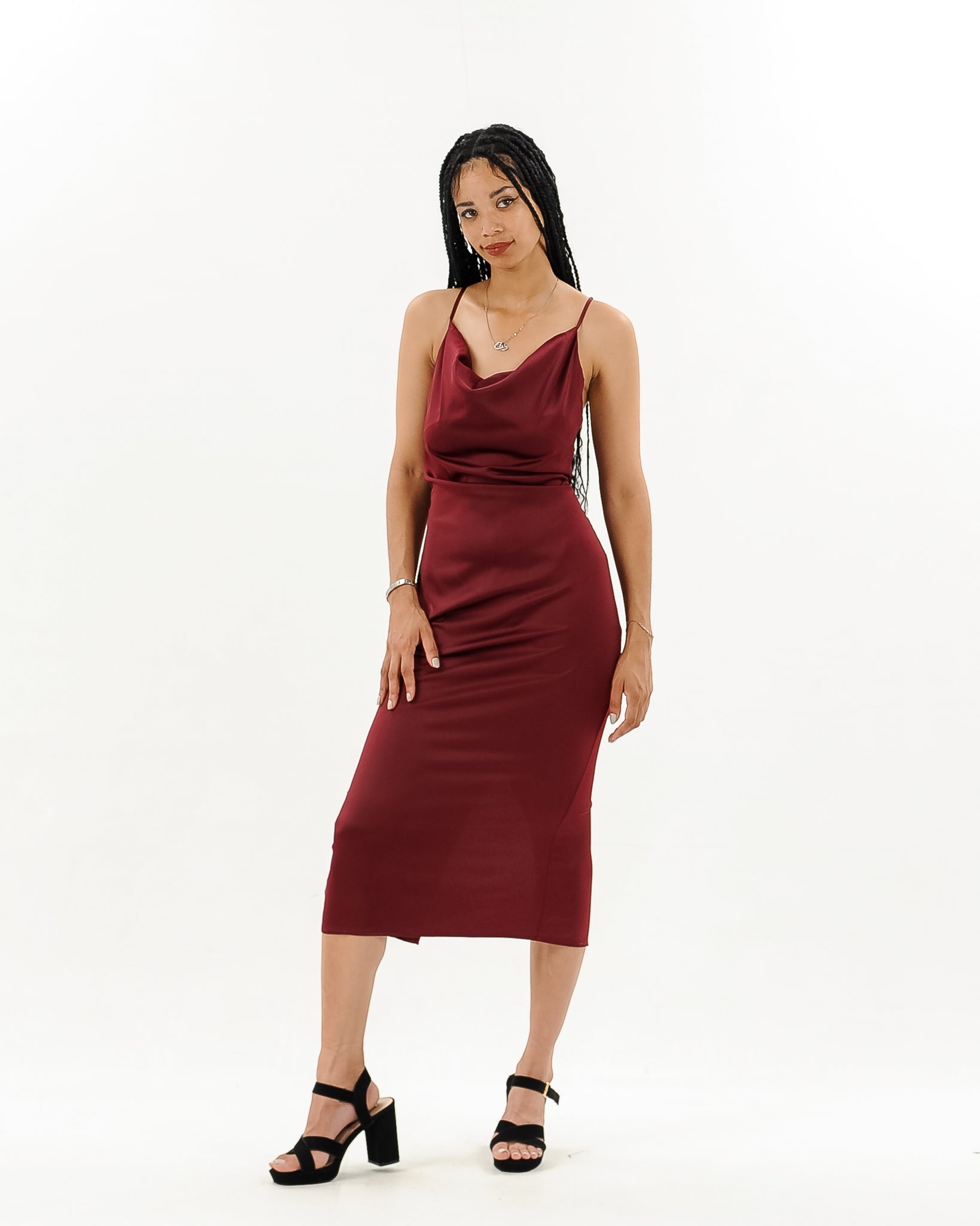 Cowl Neck Satin Midi Slit Dress XD21