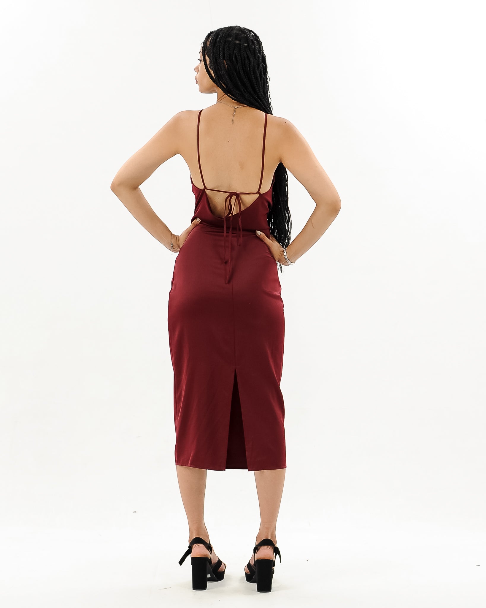 Cowl Neck Satin Midi Slit Dress XD21