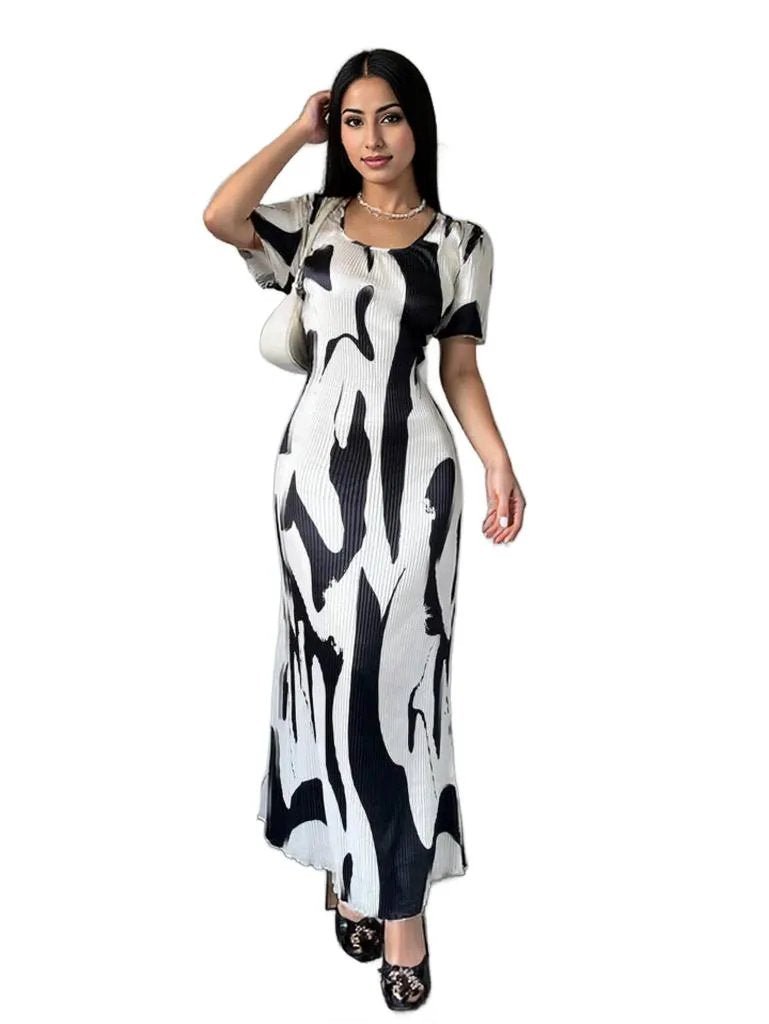 Short Sleeve Abstract Print Maxi Dress