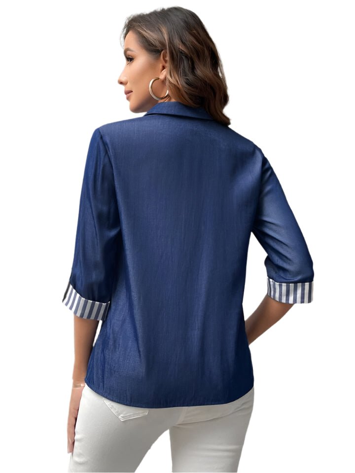 Chic Contrast Navy & Striped Button-Up Shirt – Effortless Style & Elegance