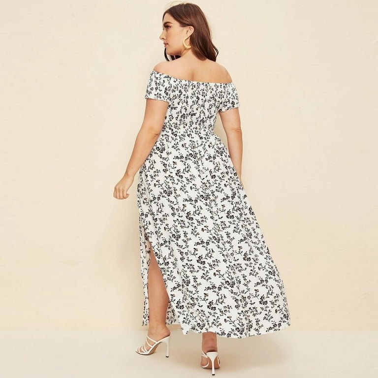 Off Shoulder Bodice Double Slit Ditsy Floral Dress
