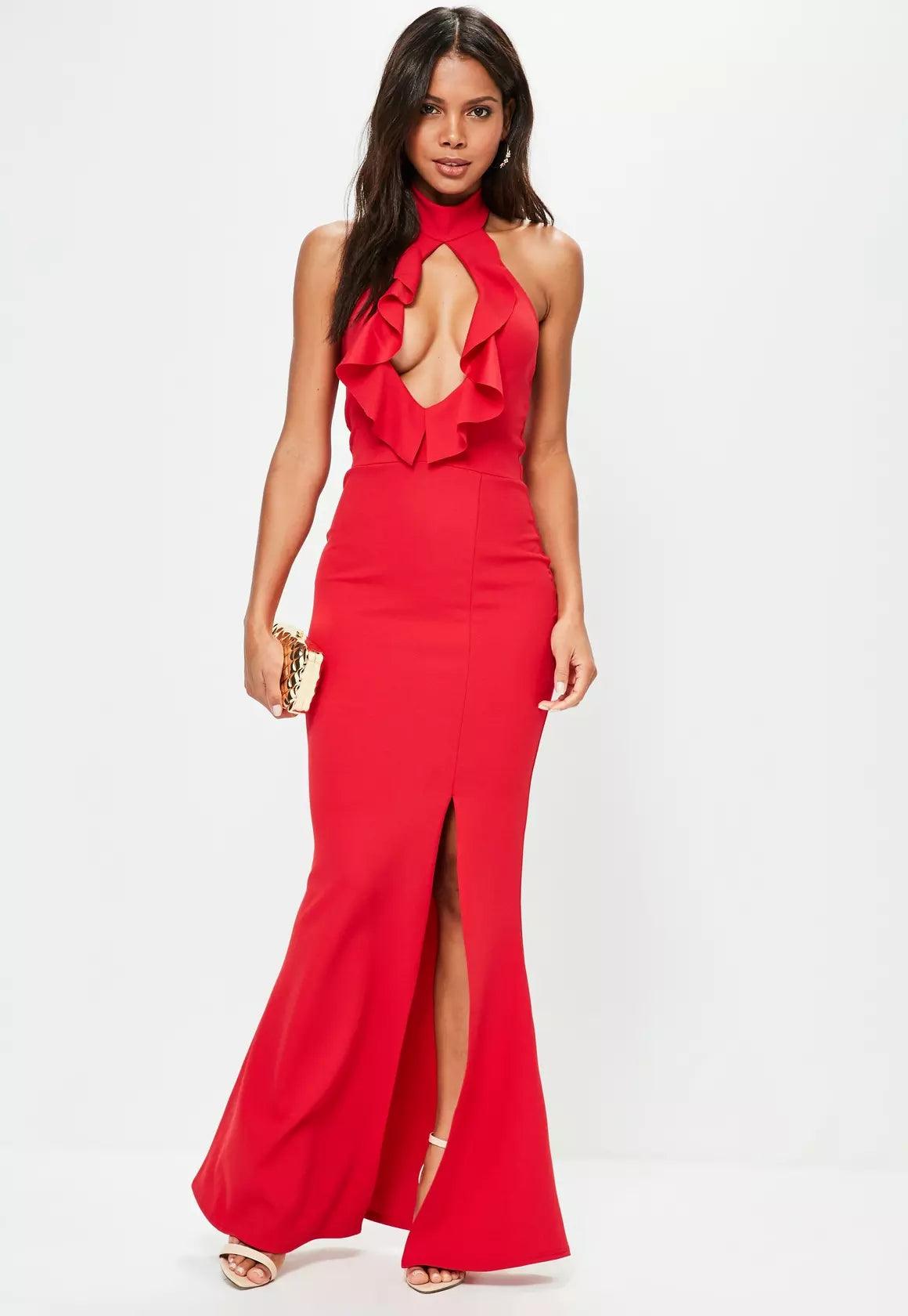 Frill Maxi Side Slit Dress S