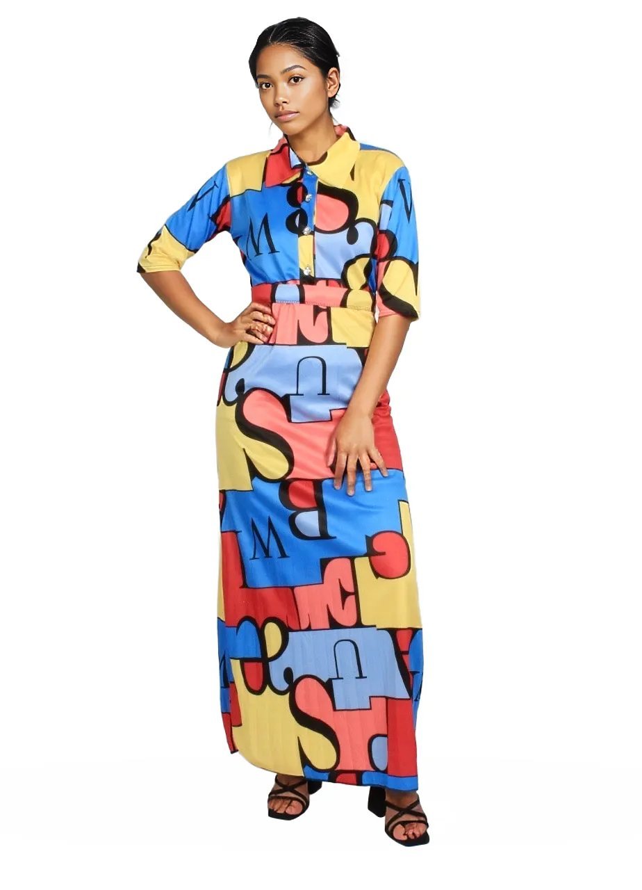 Geometric Pleated Button Maxi Dress XD21