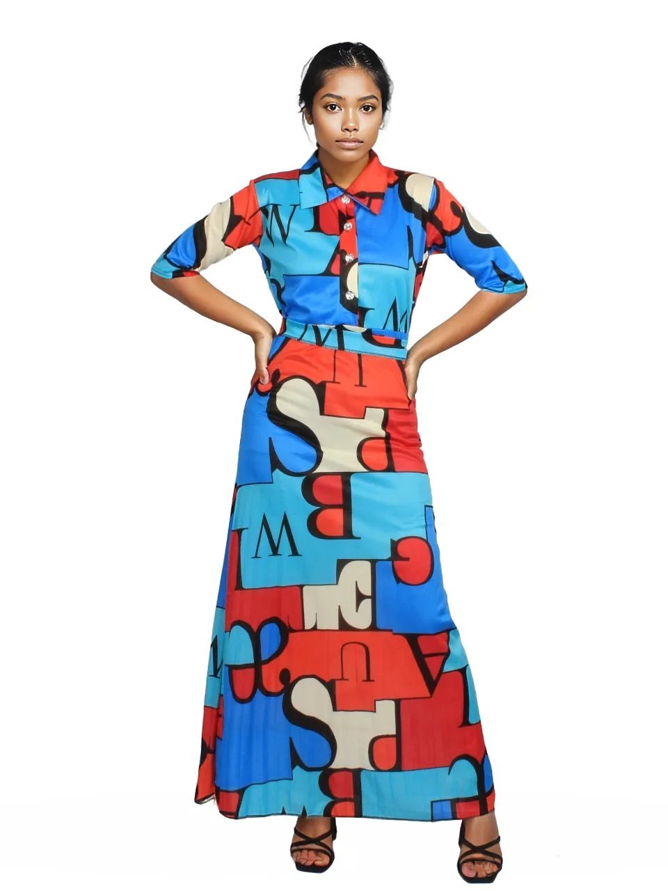 Geometric Pleated Button Maxi Dress XD21