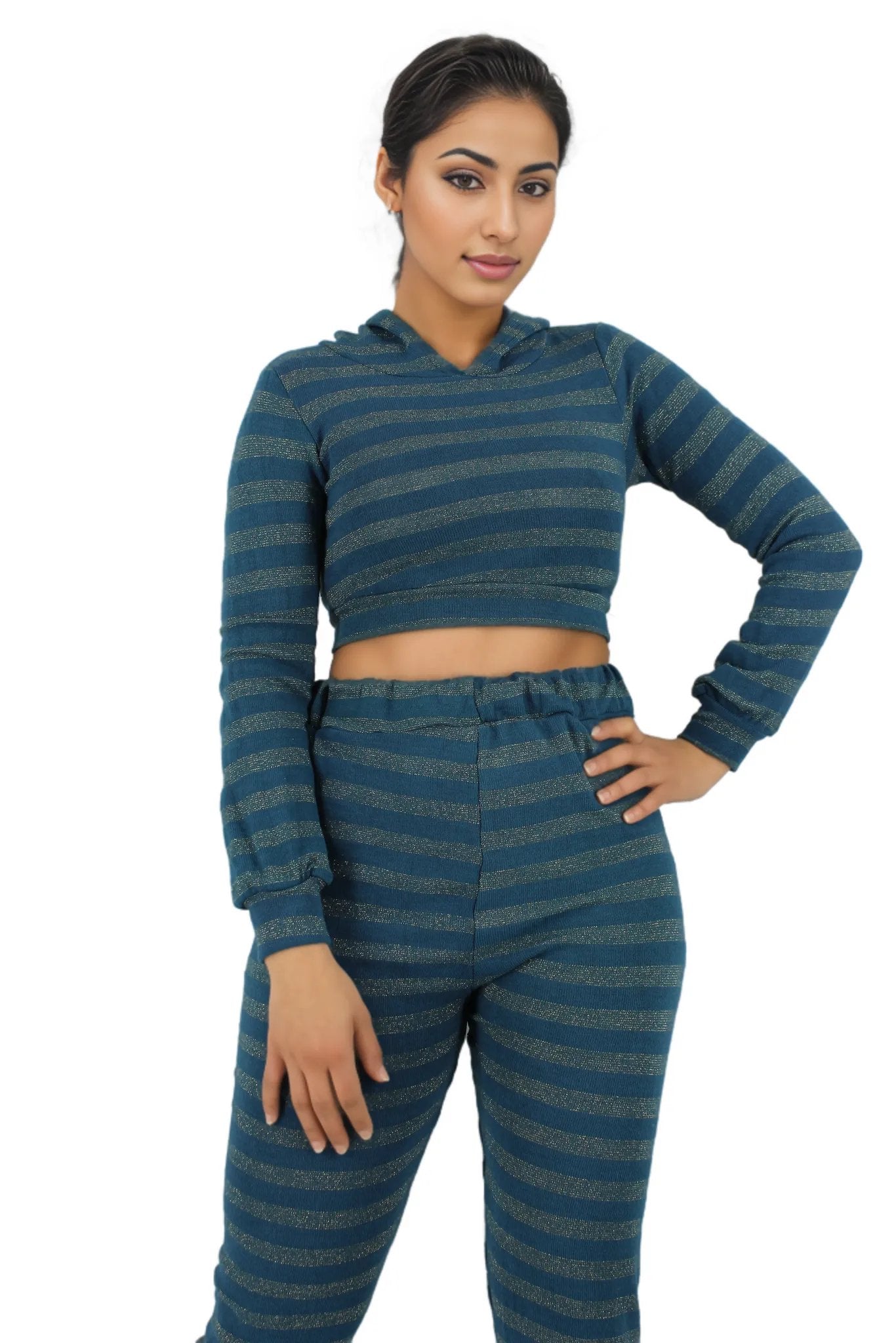 Glitter Hoodie Crop Top Two Piece Pants Set XD21