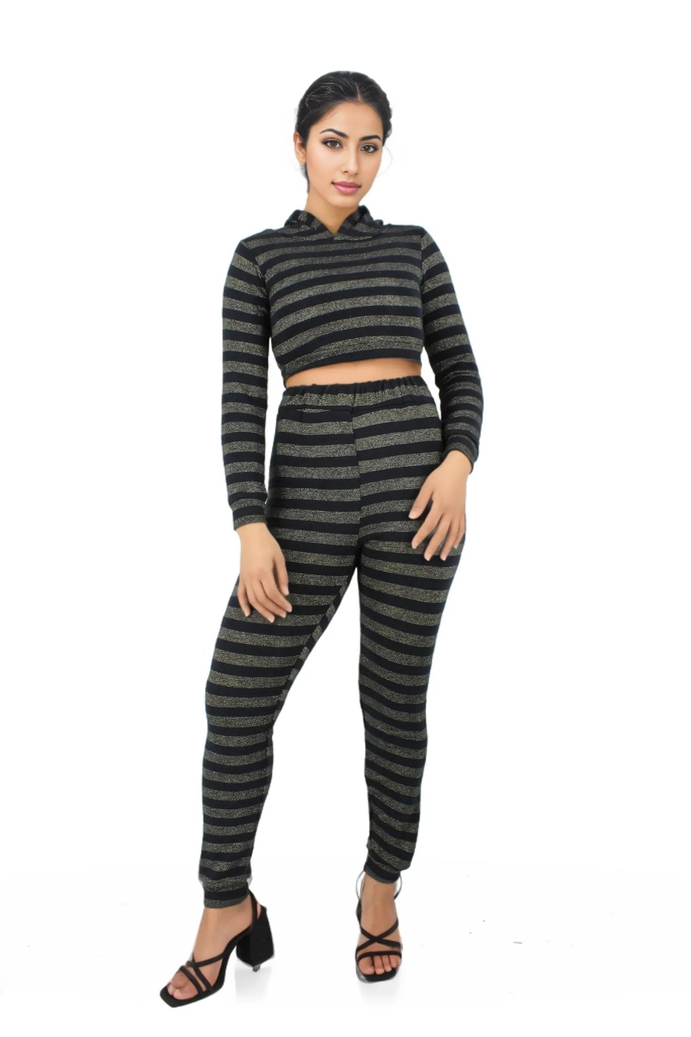 Glitter Hoodie Crop Top Two Piece Pants Set XD21