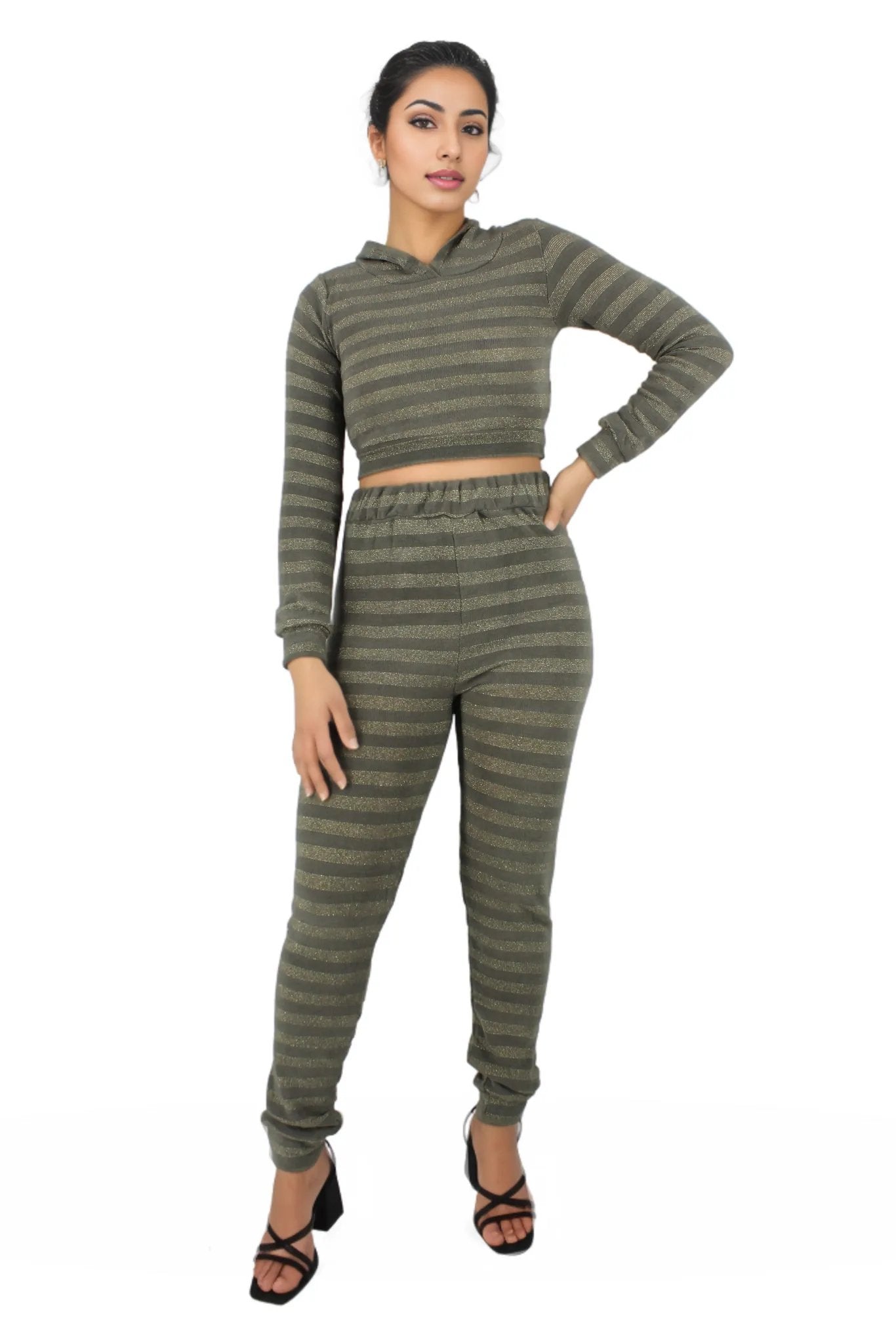 Glitter Hoodie Crop Top Two Piece Pants Set XD21