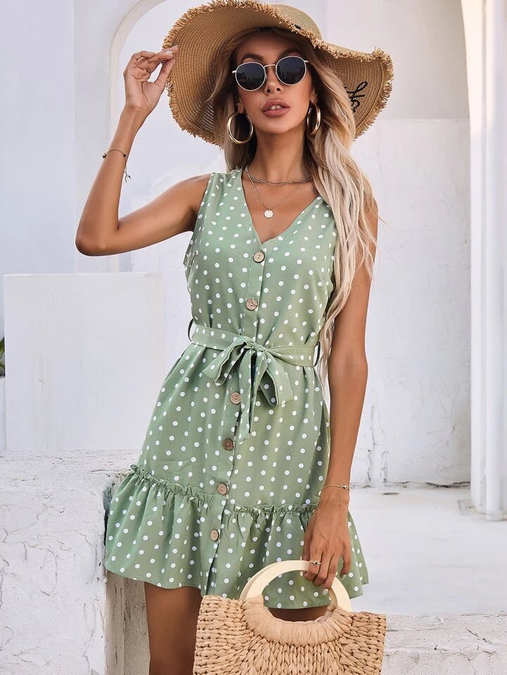 Green Polka Dot Ruffle Hem Belted Dress XD21