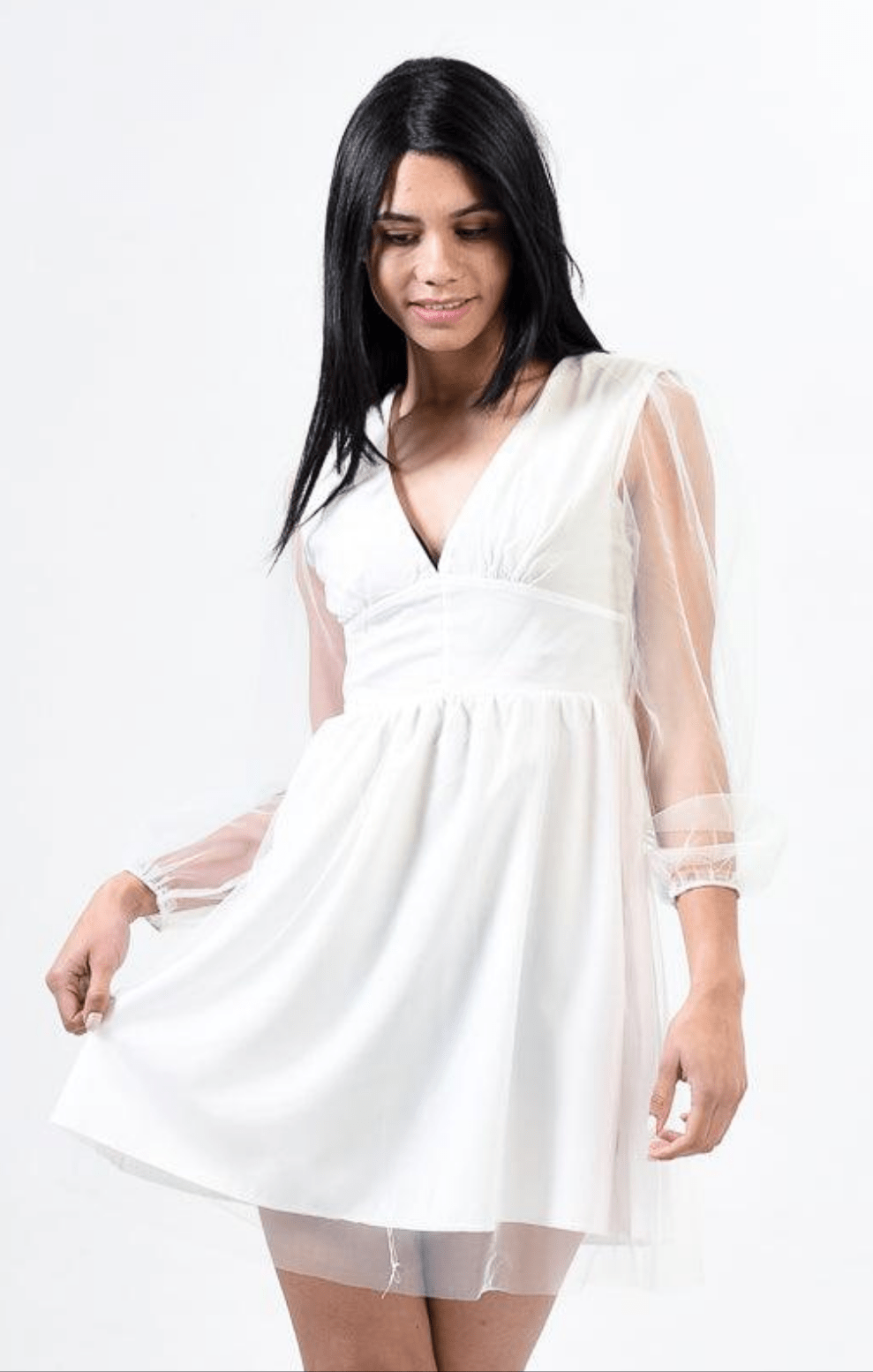 Puff Sleeve Ruched Waist Sheer Mesh Overlay Dress