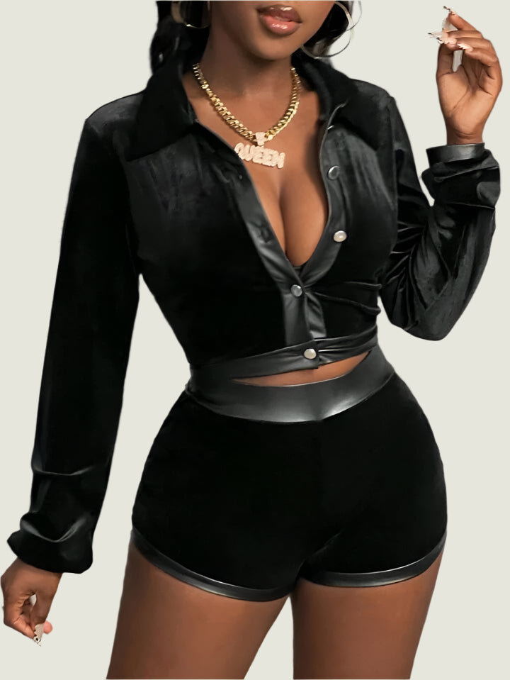 Velvet Leather Two Piece Shorts Jacket Set
