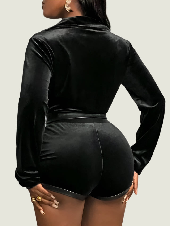 Velvet Leather Two Piece Shorts Jacket Set