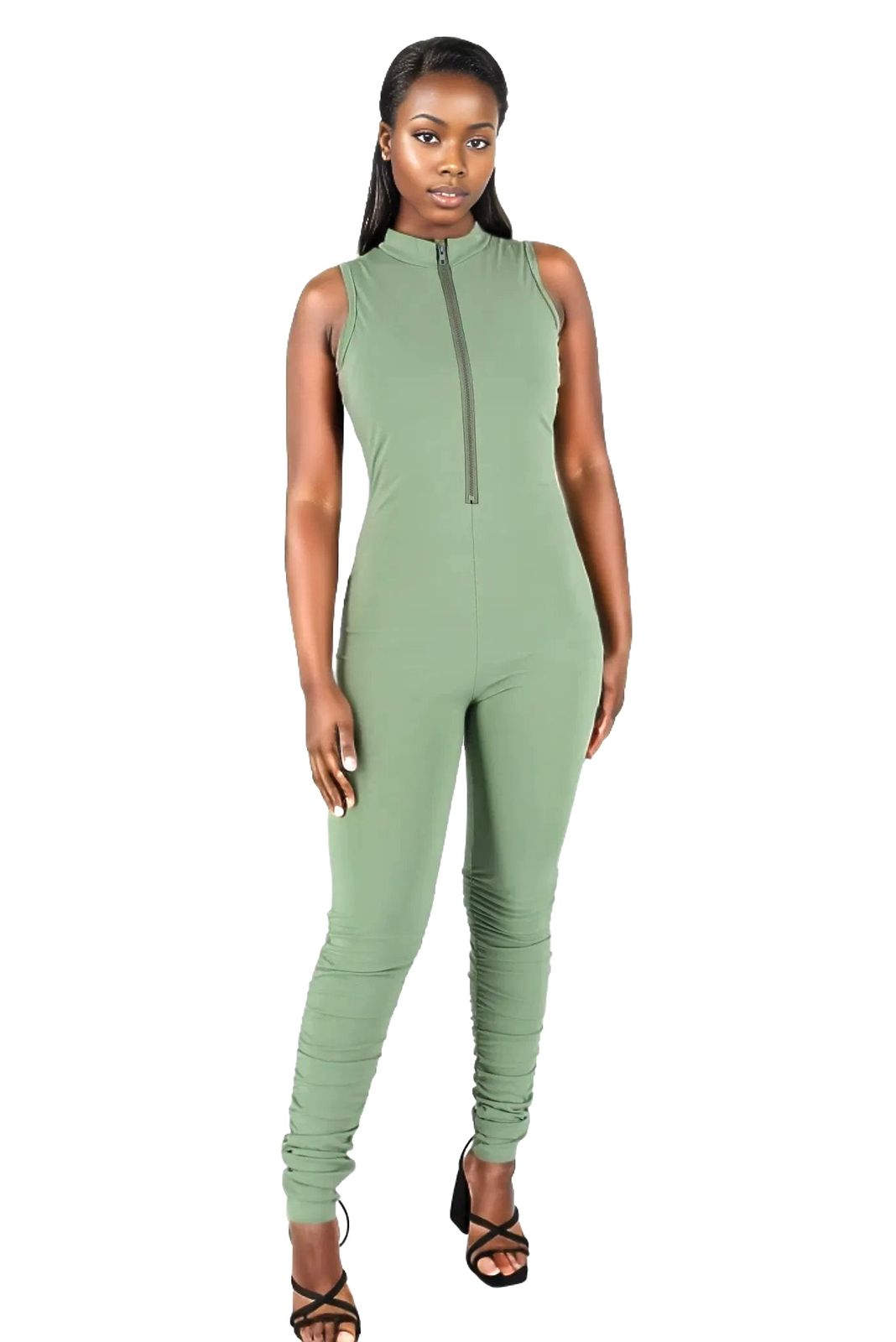Zip Up Fitted Ruched Sleeveless Unitard