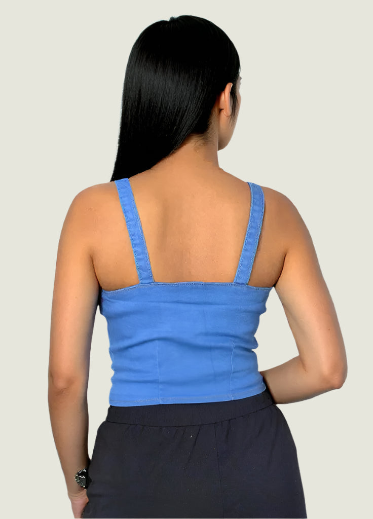 Button-Up Denim Crop Top – Blue | Trendy Sleeveless Bustier