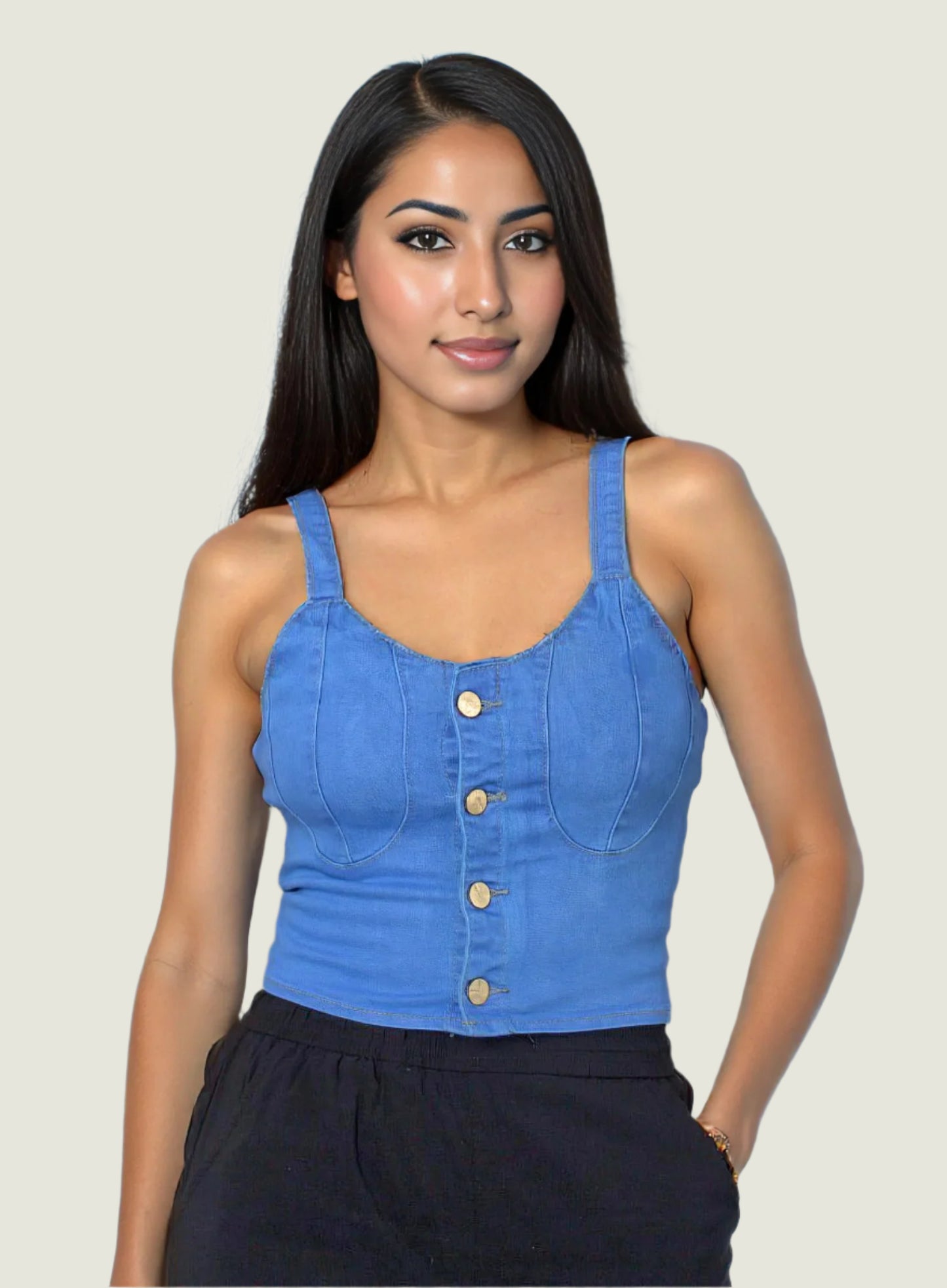 Button-Up Denim Crop Top – Blue | Trendy Sleeveless Bustier