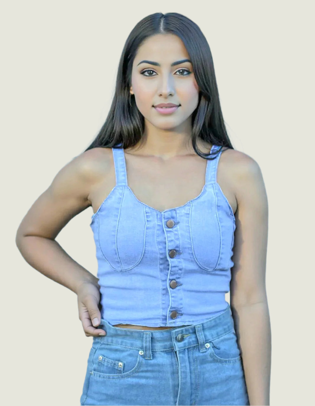 Button-Up Denim Crop Top – Light Blue