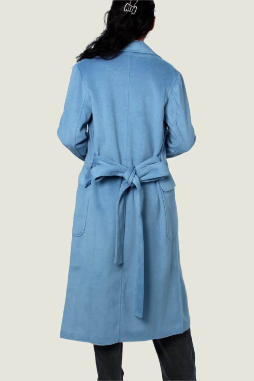 Women’s Sky Blue Belted Wool-Blend Coat – Elegant Winter Outerwear