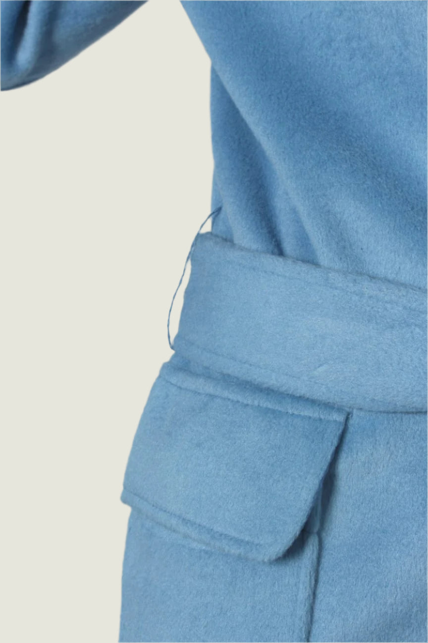 Women’s Sky Blue Belted Wool-Blend Coat – Elegant Winter Outerwear