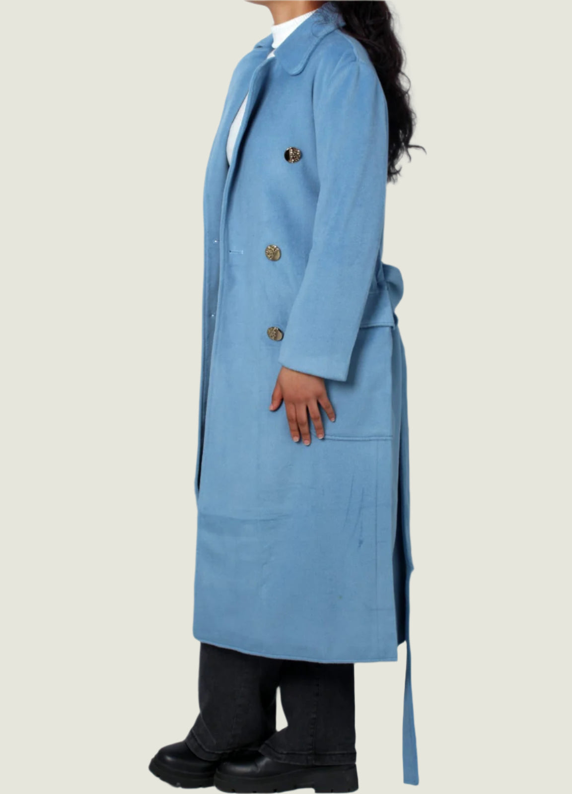 Women’s Sky Blue Belted Wool-Blend Coat – Elegant Winter Outerwear