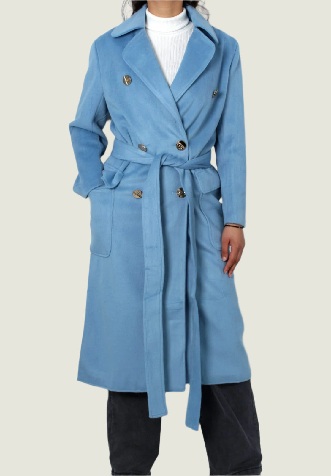 Women’s Sky Blue Belted Wool-Blend Coat – Elegant Winter Outerwear